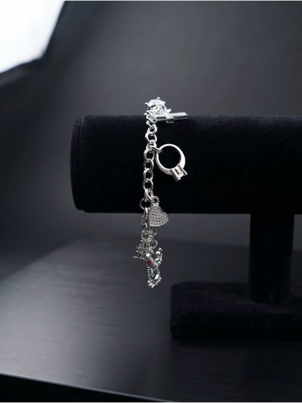 Silver-Tone Heart and Charm Link Bracelet